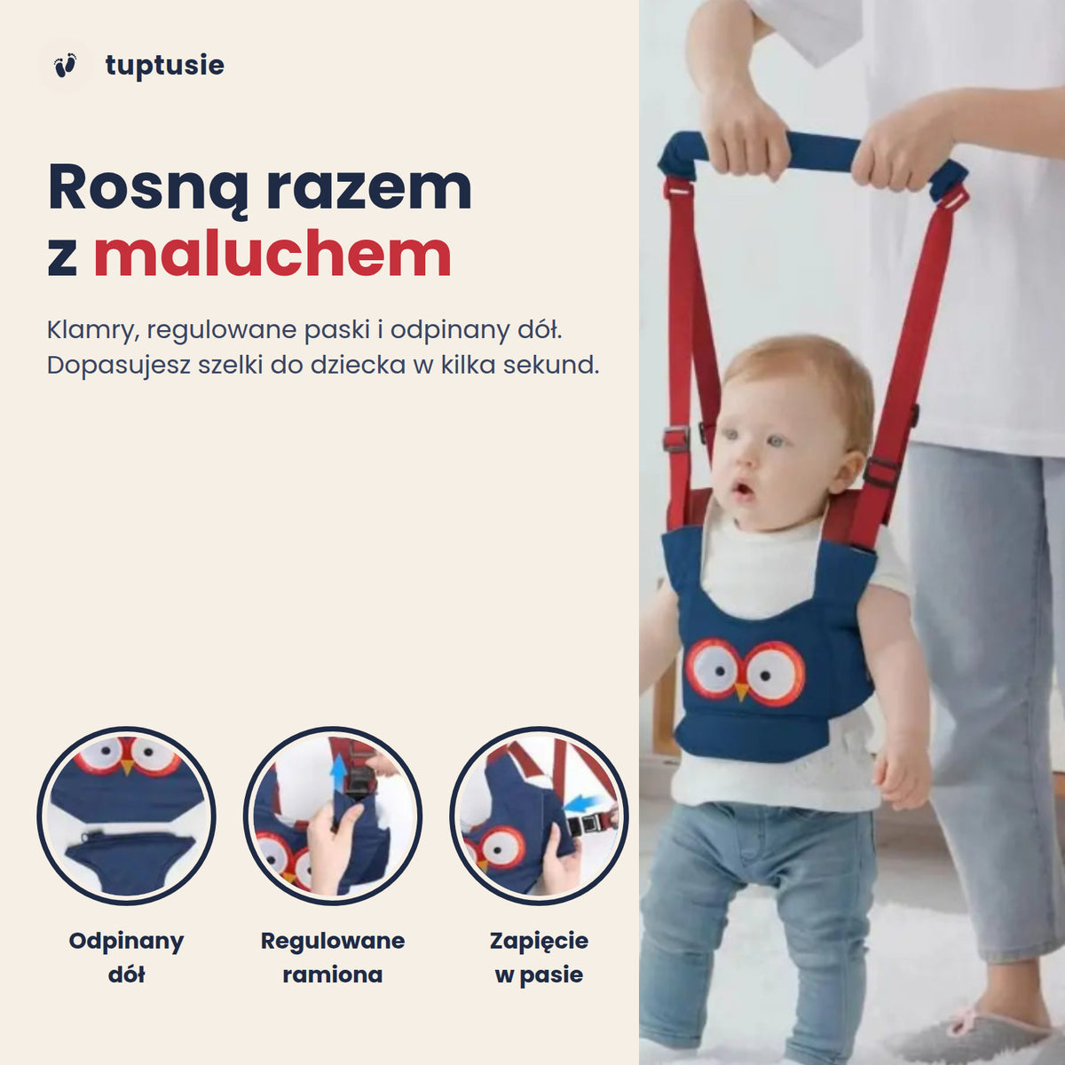 Szelki do nauki chodzenia dla dziecka „Sówka”: chodzik-szelki z uchwytem dla rodzica, regulowane