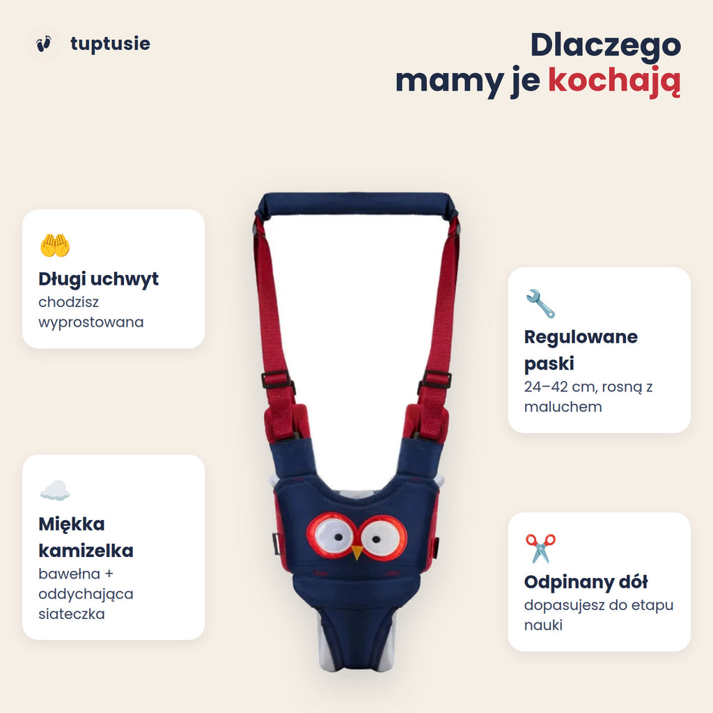 Szelki do nauki chodzenia dla dziecka „Sówka”: chodzik-szelki z uchwytem dla rodzica, regulowane