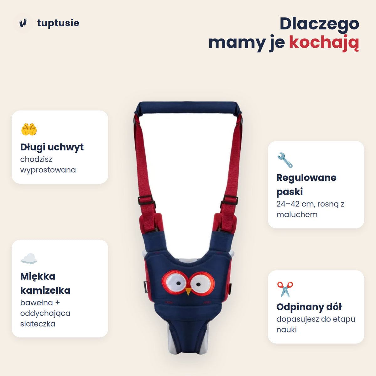 Szelki do nauki chodzenia dla dziecka „Sówka”: chodzik-szelki z uchwytem dla rodzica, regulowane