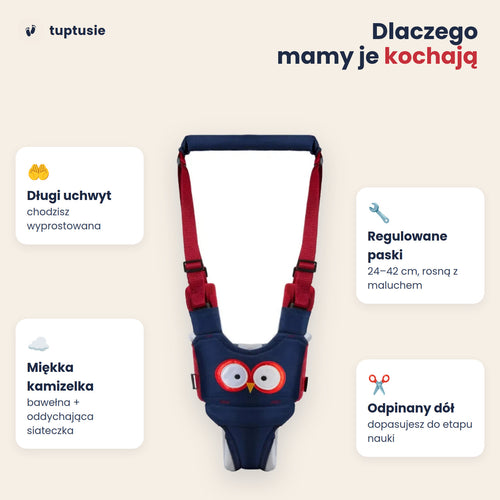 Szelki do nauki chodzenia dla dziecka „Sówka”: chodzik-szelki z uchwytem dla rodzica, regulowane